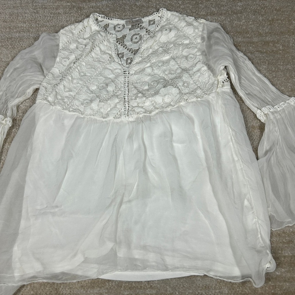 Bellambria Blouse Womens M White Silk Lace Bell Sleeve V-Neck Sheer Boho‎ Top